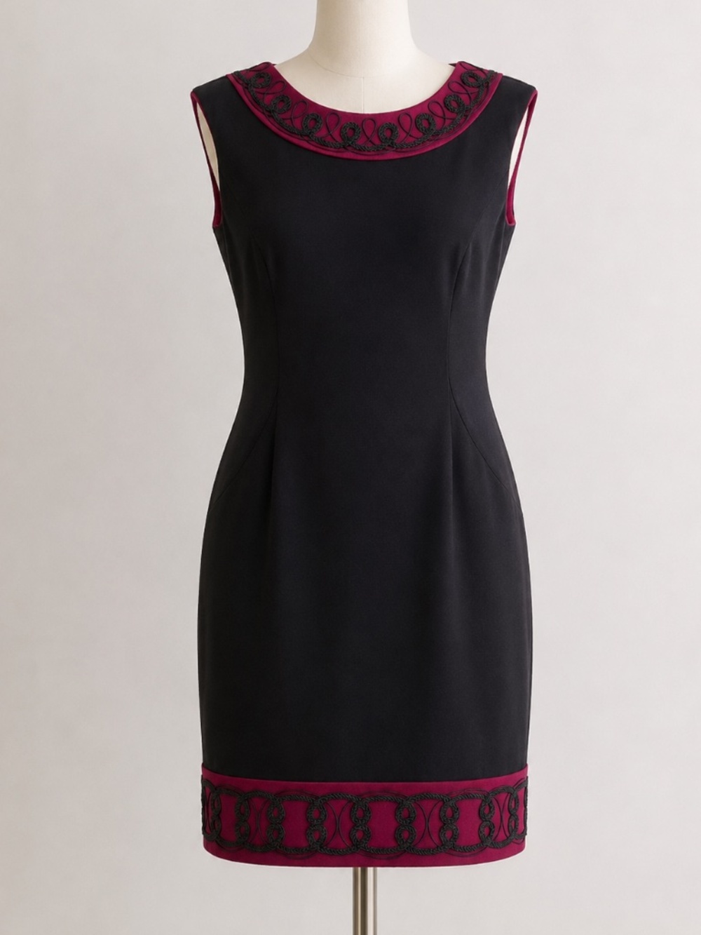 Maggy London Black Sheath Dress Pink Embroidered Trim Sleeveless Career Size 12